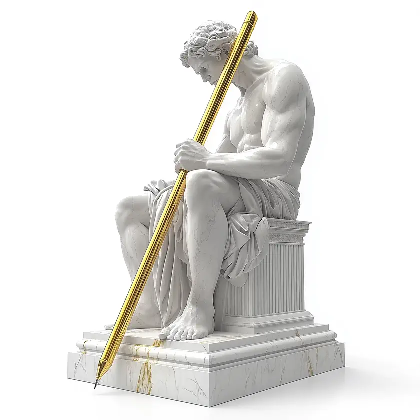 Estatua sentada con bolígrafo dorado